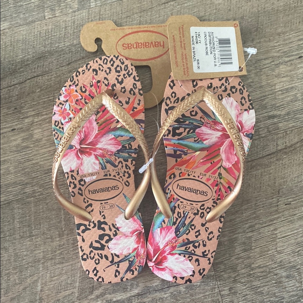 Havaianas Gold and Pink Floral Sandals with Sparkly Straps